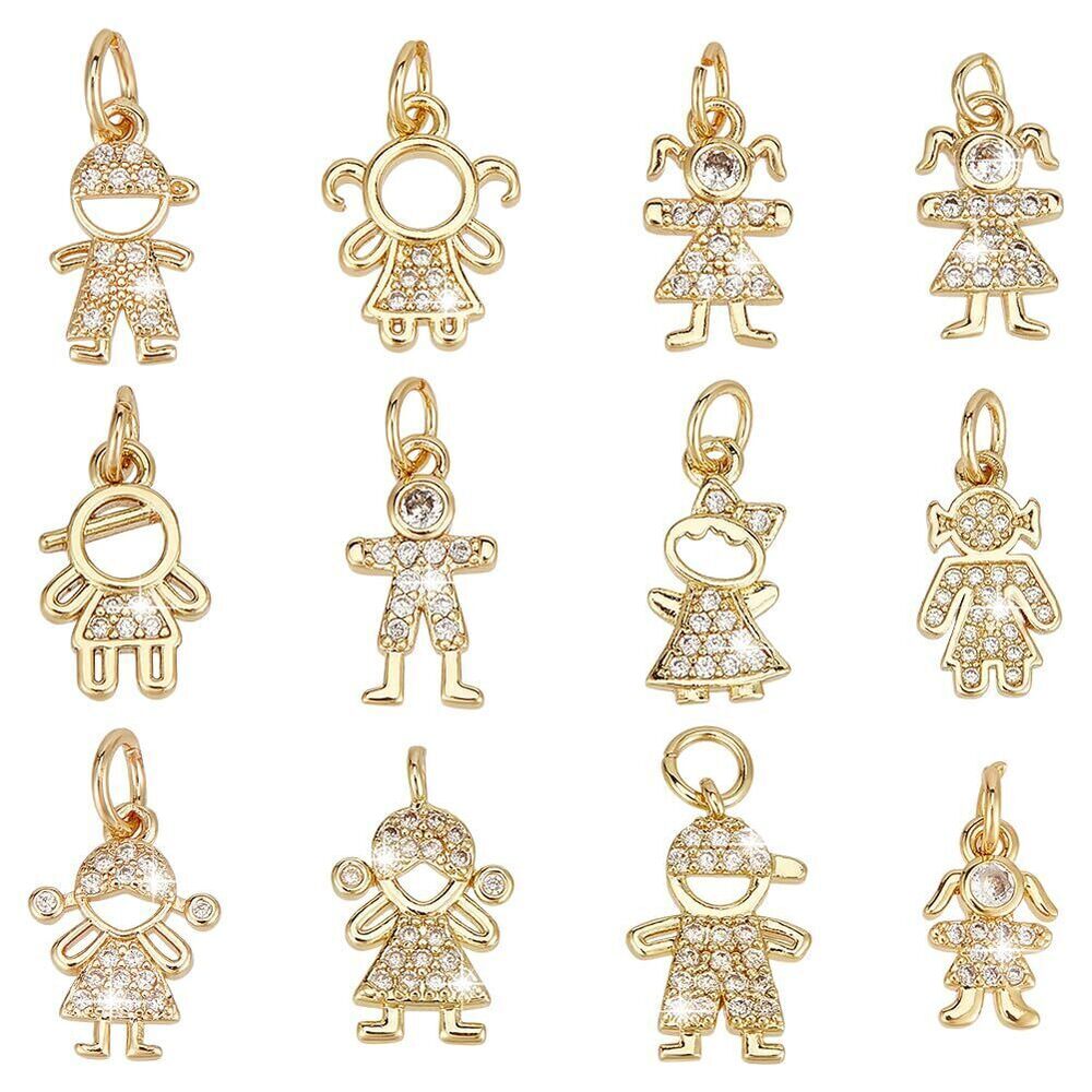 6567 12Pcs 12 Style 18K Gold Plated Cubic Zirconia Charms, Golden Crystal